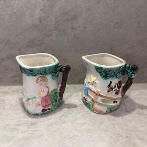 Vintage Made in Japan Creamer Milk Jug Set Farm Scene Cottagecore Ceramic